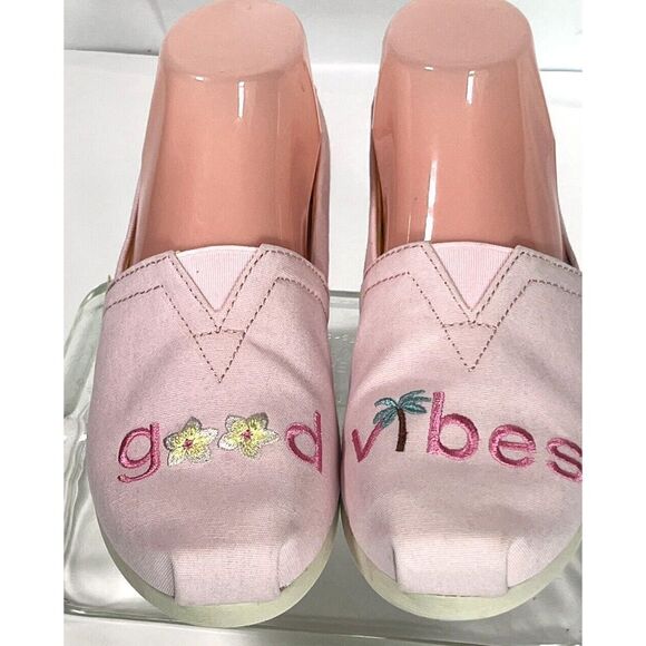TOMS Womens Pink Embroidered Flat Shoes Size 6 US Good Vibes Alpargata  New - Picture 3 of 12